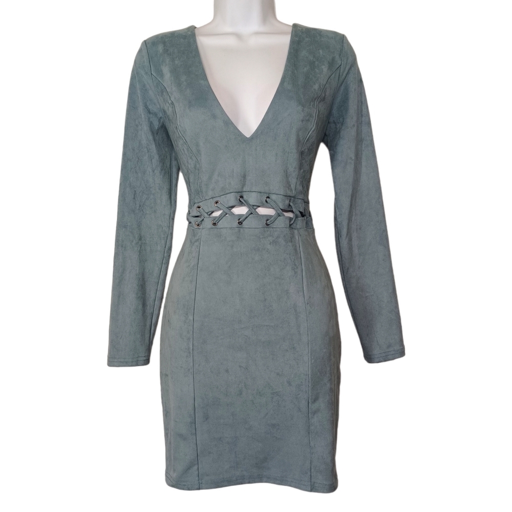 PRIVY Faux Suede Light Dusty Blue Lace Up V Neck Long Sleeve Mini Dress Large